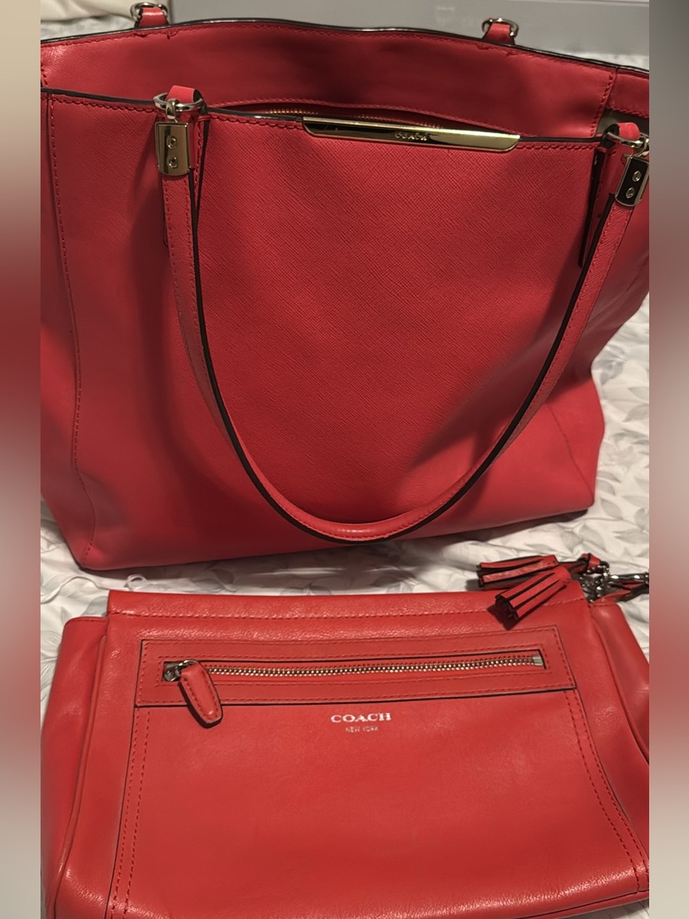 Coach Saffiano Leather Tote and Matching Clutch Set